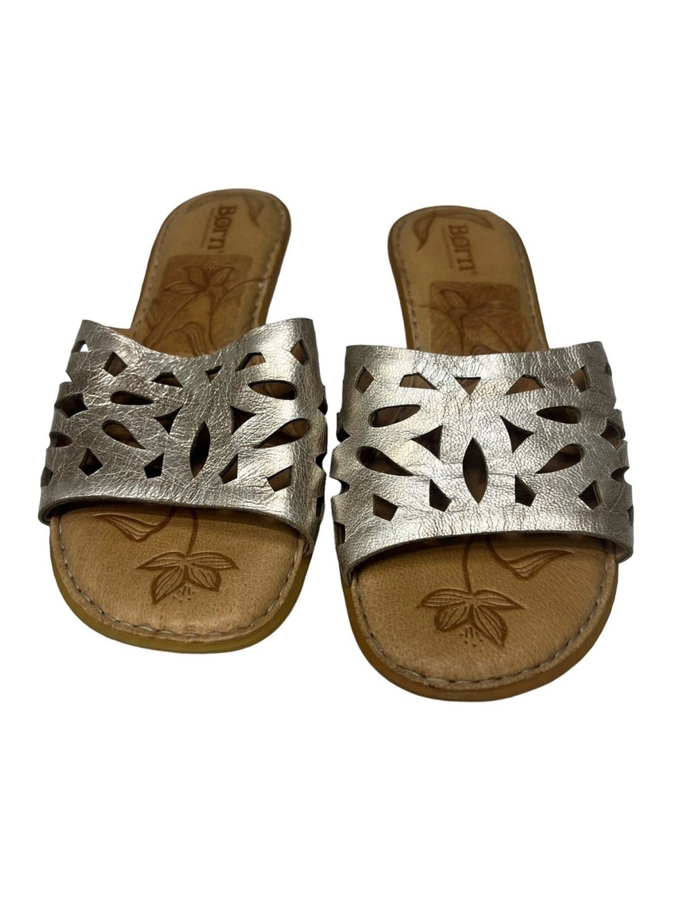 Born Metallic Silver Cutout Leather Slide Sandals for Women